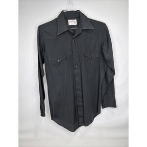 VTG Wrangler Pearl Snap Black Shirt Mens Sz Small Permanent Press Long Tails